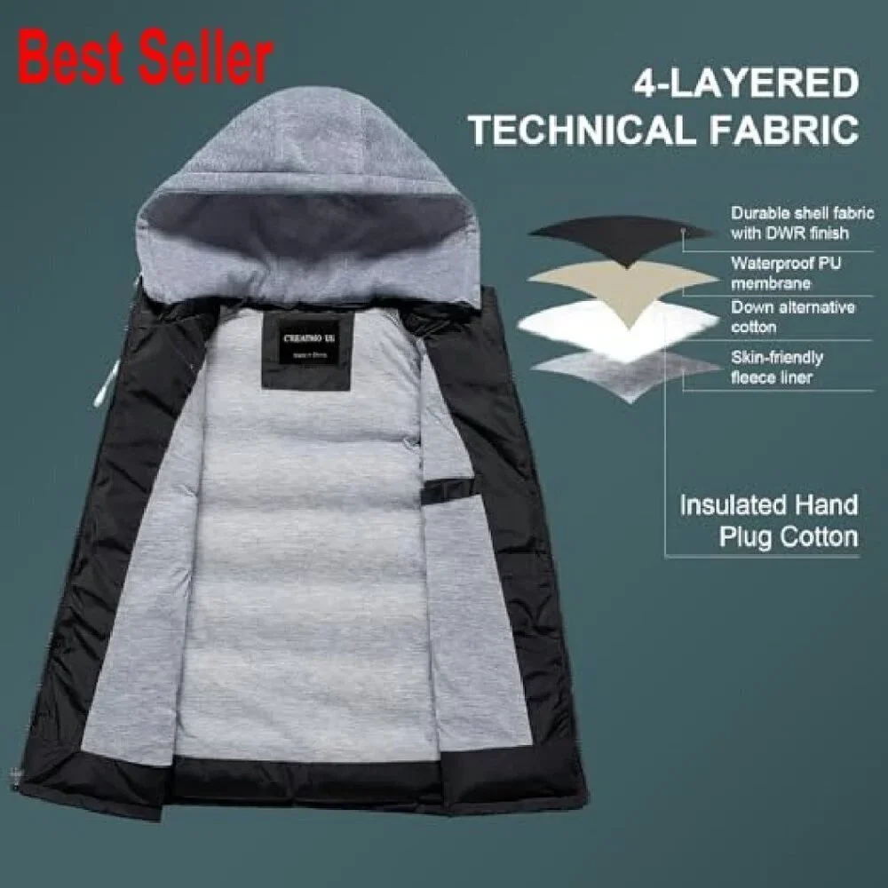 Men's Quilted Puffer Vest Removable Hood Windproof Waterproof Outdoor Winter